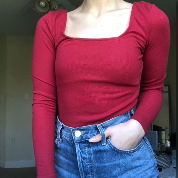 Women's pacsun basics Ribbed Long Sleeve Square Neck  semi crop Top - Picture 3 of 3